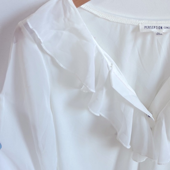 PerSeption concept White ruffle Front sheer Long-sleeve top, size M, NWOT - Picture 2 of 7